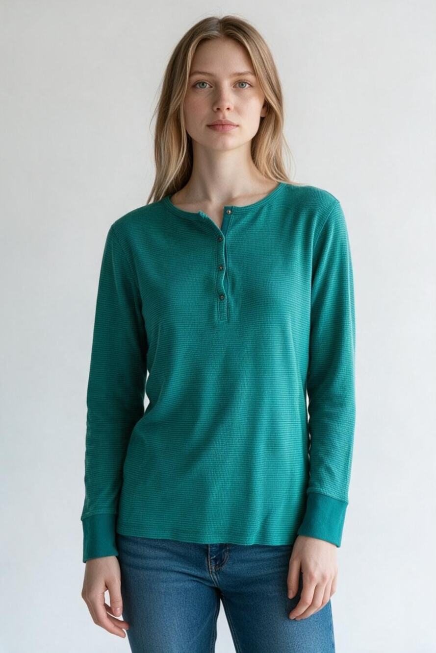 EDDIE BAUER Top Size XL Green Stripe V Neck Buttons Long Sleeve Outdoor
